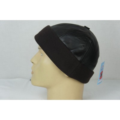 Brown Leather Shearling lined Knit Beanie Cuff Round Bucket Ski Winter Hat MXXL  eb-90417767